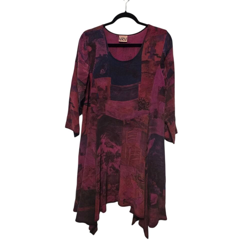 URU Artist Smock Dress Hand Dye Silk Women O/S Lagenlook Artsy Art-to-wear $275